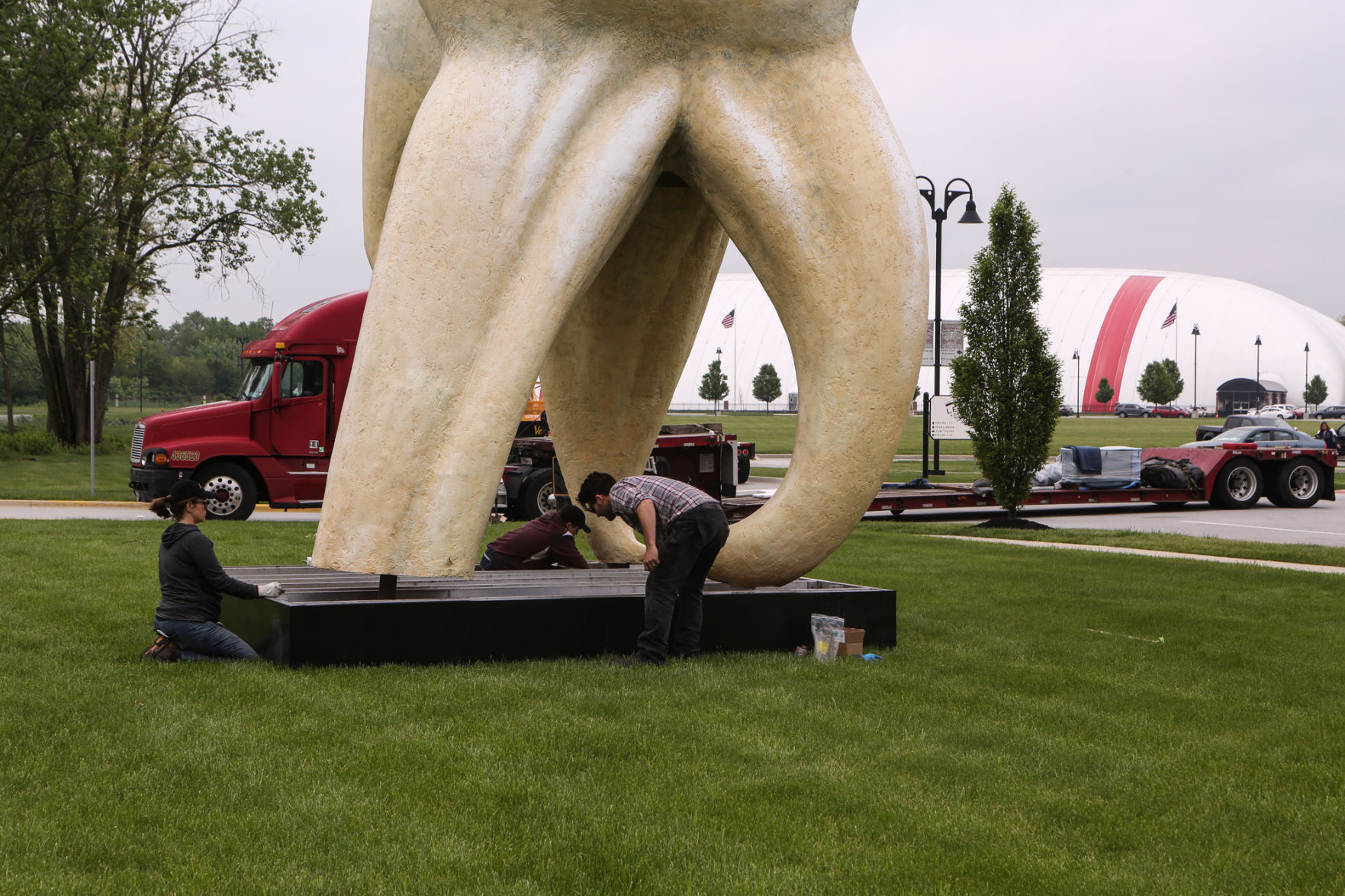 Artist Seward Johnson's "The Tooth" is implanted at the Crown Point Sportsplex
